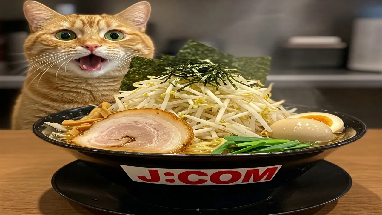特盛ラーメンに驚く猫
