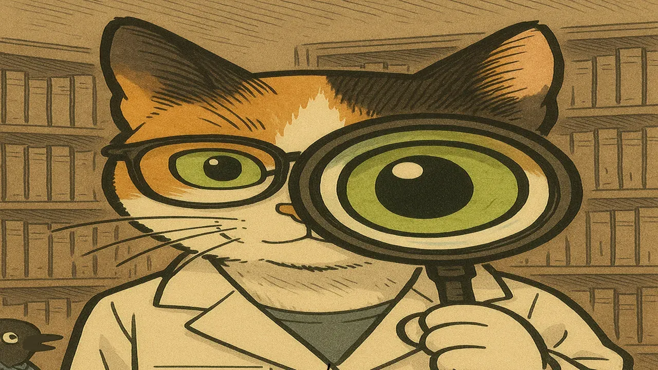虫眼鏡で覗く三毛猫