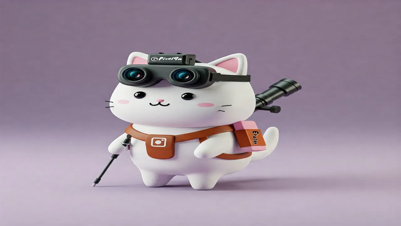 暗視ゴーグル､望遠鏡､消しゴムを装備したPixel9a猫