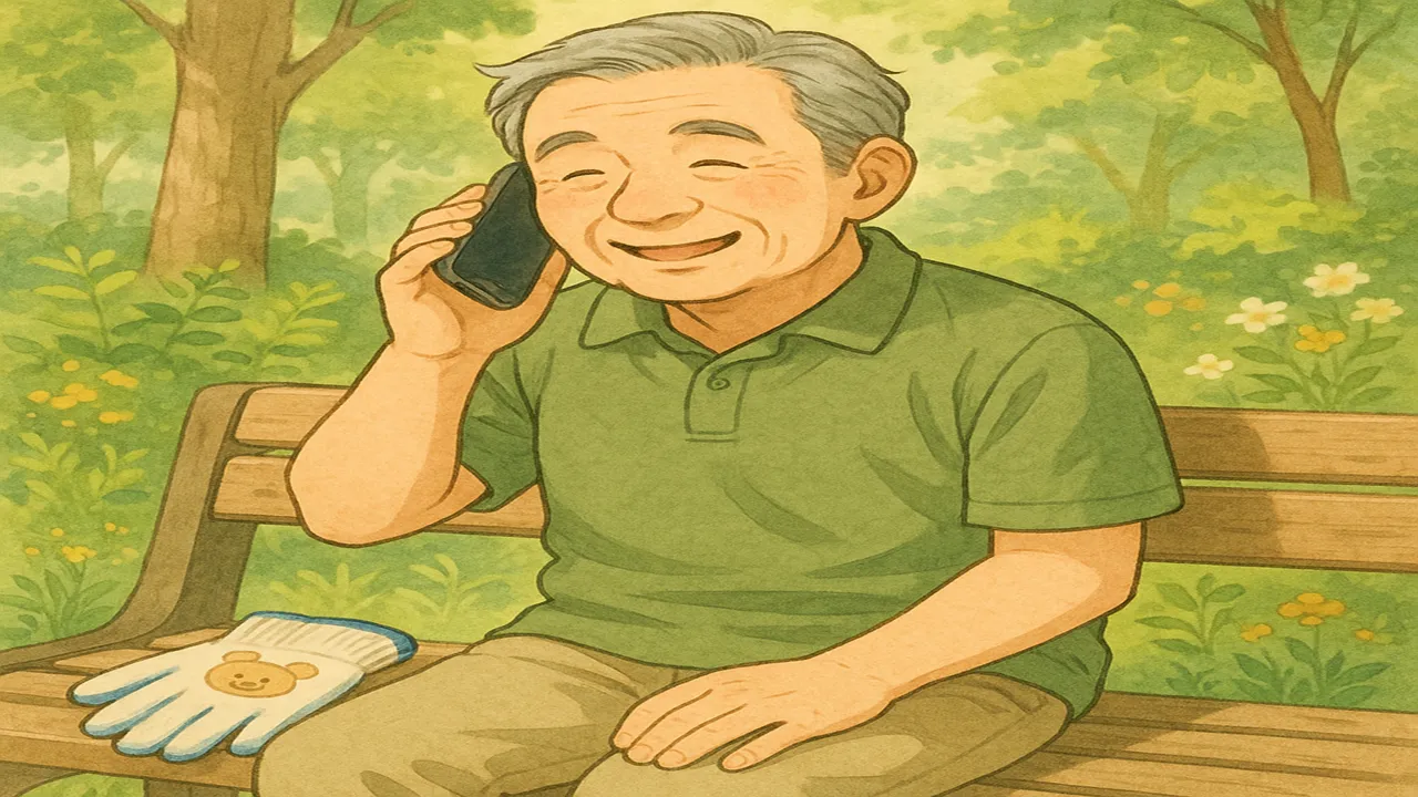 公園のベンチで電話をする男性