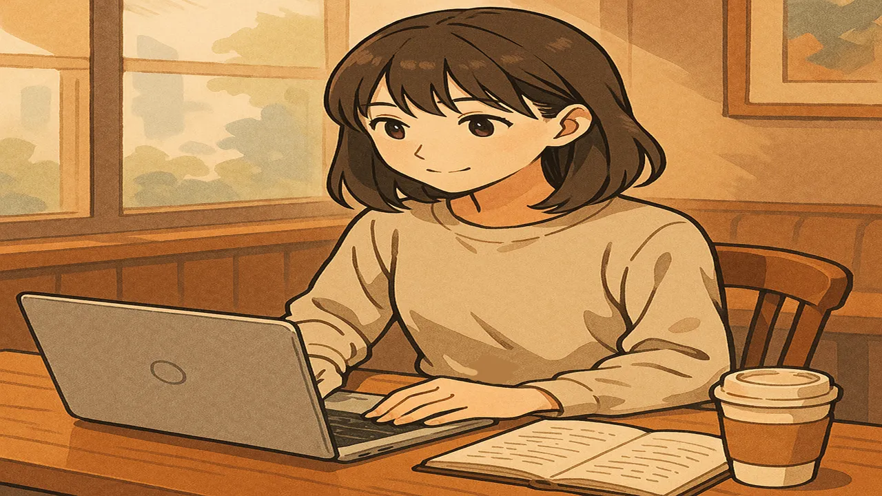 カフェでノートPCを操作する女性
