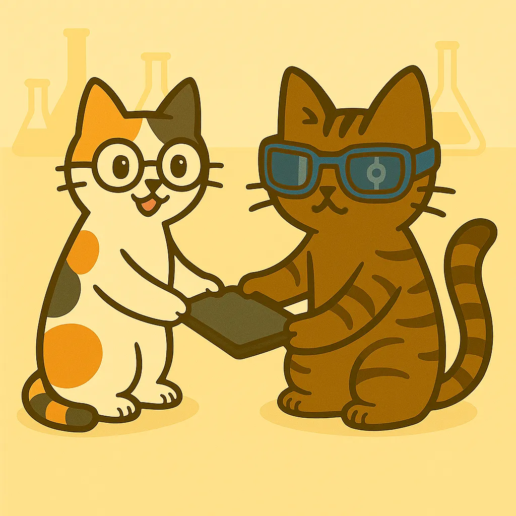 タブレットを渡す猫と受け取る猫