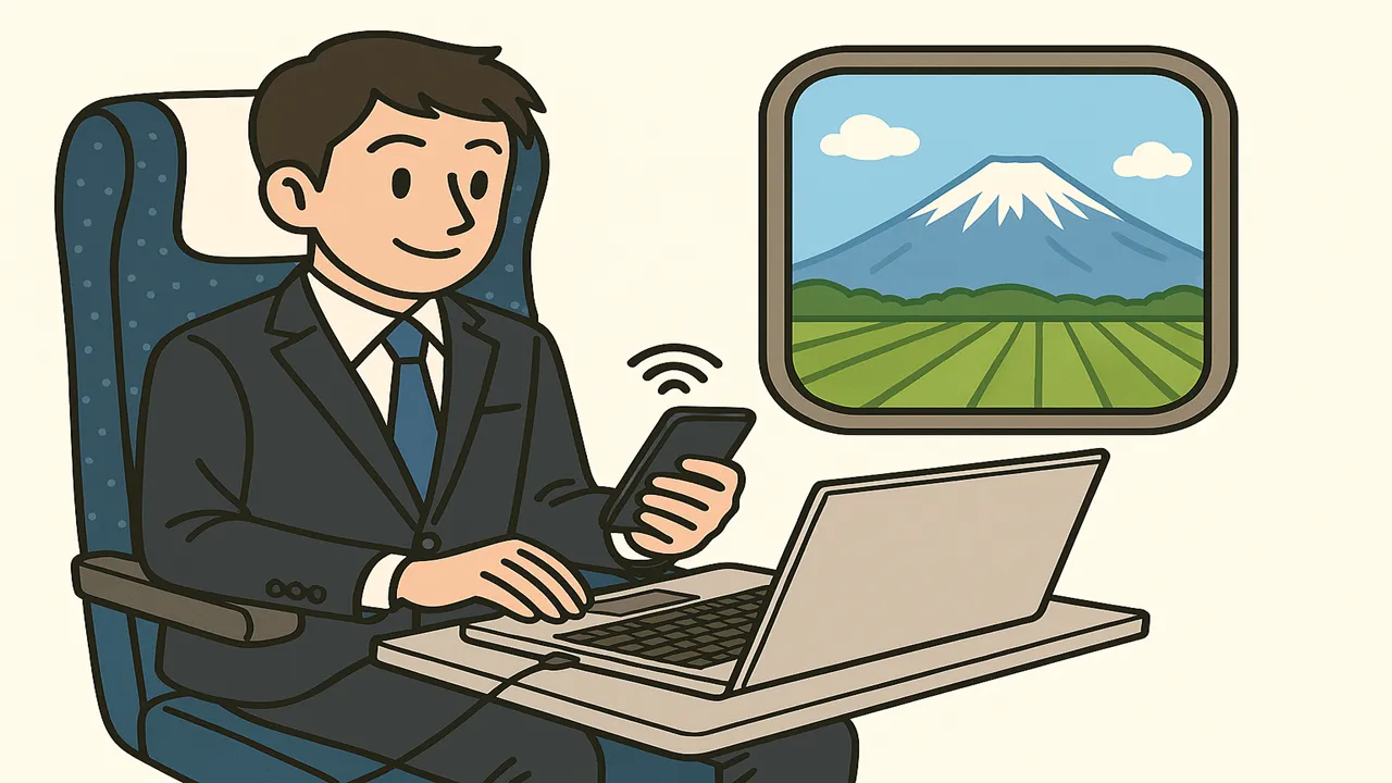 新幹線で仕事する営業マン