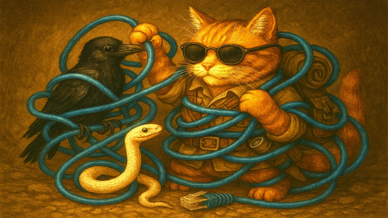 LANケーブルに絡まる猫